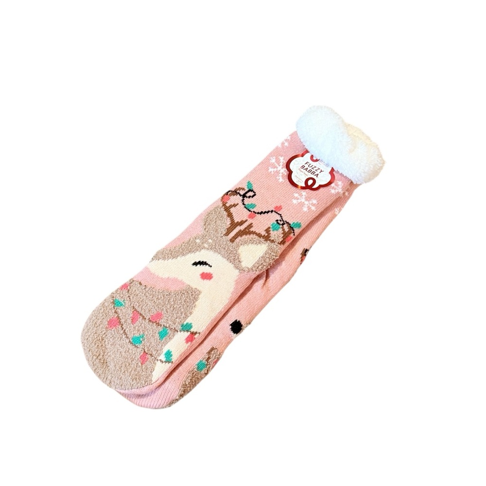 Fuzzy Babba NWT Slipper Socks Pink Reindeer‎ Snowflake Women’s Faux Fur Non Slip
